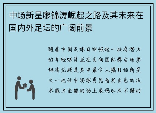 中场新星廖锦涛崛起之路及其未来在国内外足坛的广阔前景