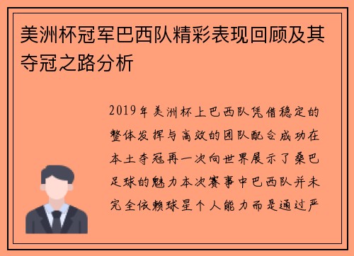美洲杯冠军巴西队精彩表现回顾及其夺冠之路分析
